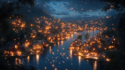 Fototapeta premium Luminous Hillside: Twilight's Embrace of a Mountain Village