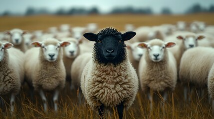 Fototapeta premium Flock of Sheep Grazing in Lush Countryside Landscape