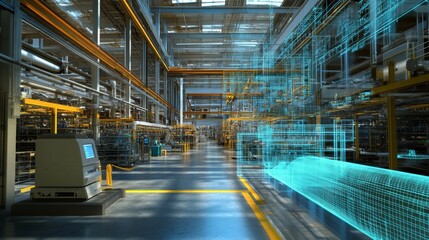 A modern industrial warehouse showcasing digital technology and automation with a blue holographic design overlaying machinery and workflow.