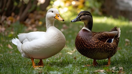 Obraz premium Two ducks swimming in a peaceful pond surrounded by lush grass and foliage