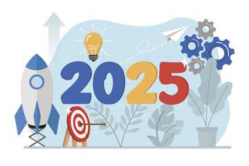 Action plan new year goals 2025 with target icons, business plan, financial plan and strategy. Business vector illustration.