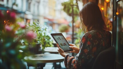 Woman using tablet in a cozy cafe setting