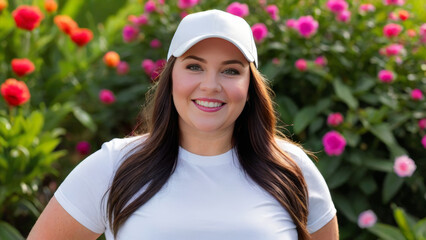 Plus size woman wearing white t-shirt and white baseball cap standing in the garden
