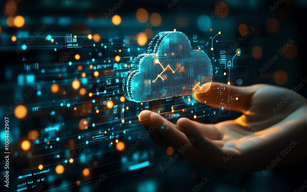 Poster cloudbased solutions revolutionizing businesses, illustrated with digital transformation themes to s