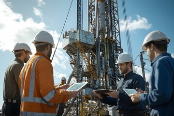 Engineers analyzing data on tablets at an oil rig during daylight