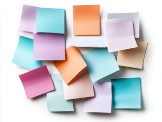 Fototapeta premium Colorful assortment of sticky notes arranged randomly on a white background.