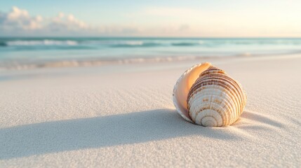 Obraz premium A seashell rests on a pristine beach, capturing the tranquility of a coastal landscape.