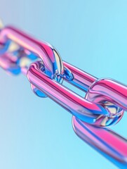 Colorful, transparent digital chain links against a gradient background, symbolizing connectivity and strength.