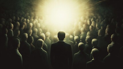 Fototapeta premium A single figure stands before a bright light while surrounded by a crowd of indistinct people in a dimly lit space