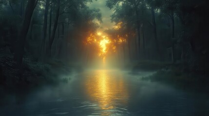 Fototapeta premium ethereal landscape featuring a mystical river flowing through a serene forest bathed in soft light evoking feelings of tranquility and wonder