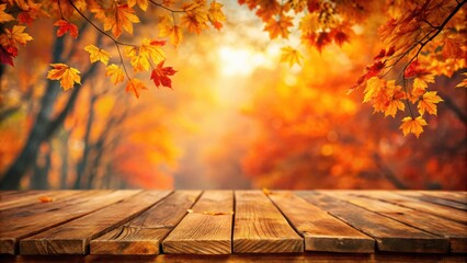 Autumn themed wooden table with vibrant orange leaves against blurred fall background