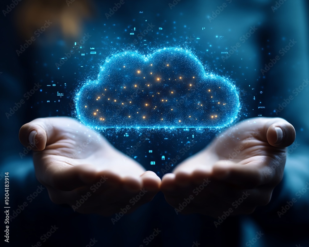 Poster Digital transformation concept with a person holding a virtual cloud, showcasing the shift to cloudbased solutions for improved business agility