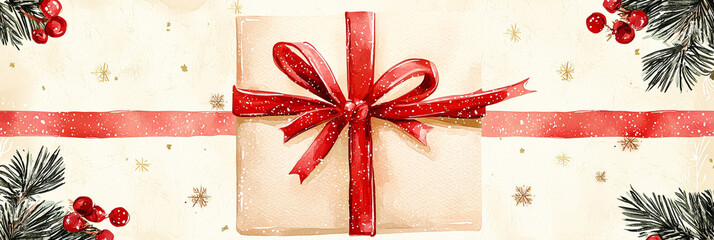 Christmas gift with red ribbon and holiday decorations on white background 
