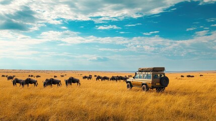 Fototapeta premium Safari vehicle at the center of a wildlife scene, with wildebeest grazing around it in Kenya Masai Mara reserve.