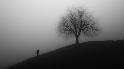 A lone figure walking past a bare tree in fog