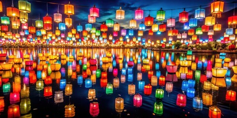 Obraz premium Colorful Water Lanterns Light Up Night Sky in Stunning Display for Festive Celebrations