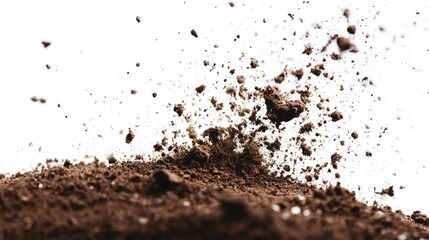 Scattered soil dirt flying in the air, isolated on a white background, with dynamic particles suspended mid-flight.