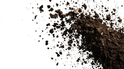 Fototapeta premium Scattered soil dirt flying in the air, isolated on a white background, with dynamic particles suspended mid-flight.
