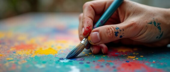 Naklejka premium Hand painting with vibrant colors, using a brush, close-up