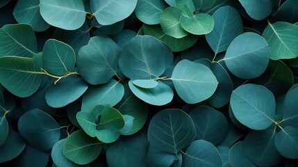 eucalyptus leaves elegantly arranged as a natural background highlighting their calming green tones and intricate textures for a soothing visual effect