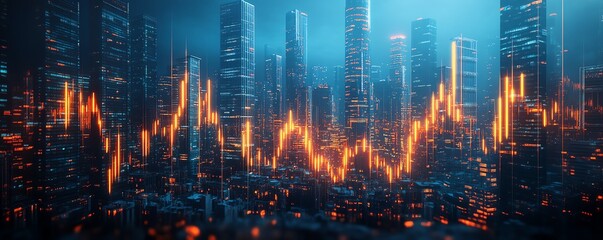 Fototapeta premium Finance and trading concept with a stock market bar chart and a modern city skyline, symbolizing investment in a business center