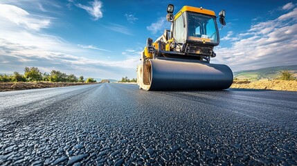Side view of an asphalt roller compacting asphalt on a new road construction site under blue skies.