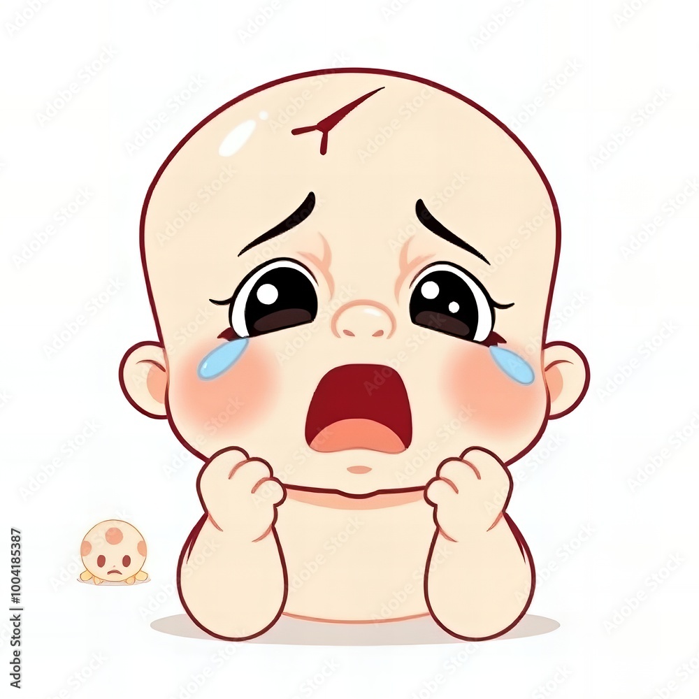 Wall mural cartoon baby crying with a bone in the background.