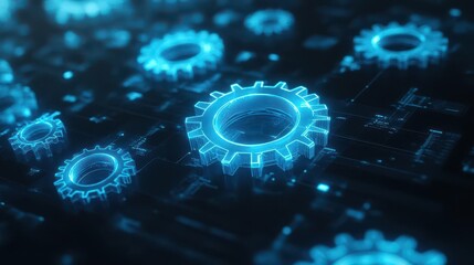 Blue holographic gears floating in a dark space, minimal design, glowing edges, sharp contrast, futuristic technology, 3D digital art