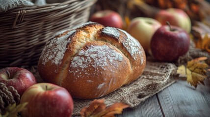 Freshly Baked Bread with Apples and Autumn Leaves
