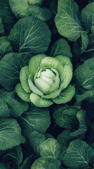 Obraz premium Fresh green cabbage on lush leafy background, healthy organic vegetable, nature's abundance.