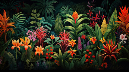 Tropical forest, full of life and bright colors. A tall palm tree with spreading leaves, which seems to be pointing towards the sun.