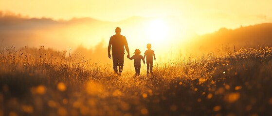Fototapeta premium Golden lightdrenched Summer Solstice hike with family at sunrise, perfect for capturing nature s beauty