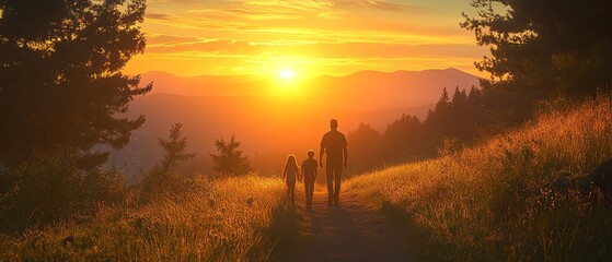 Golden lightdrenched Summer Solstice hike with family at sunrise, perfect for capturing nature s beauty