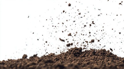 Naklejka premium Soil and dirt particles flying and scattering, isolated on a crisp white background for a natural, earthy effect.