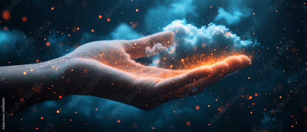 Poster Hand holding a dynamic virtual cloud, illustrating the rapid adoption of cloudbased solutions for enhanced agility and digital transformation