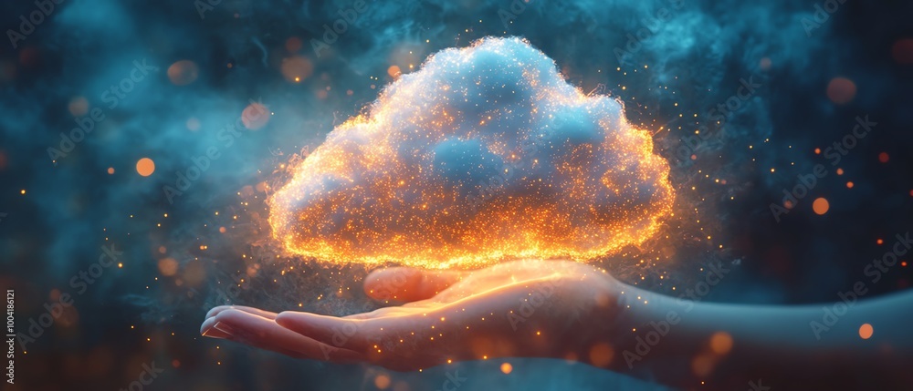 Aufkleber hand holding a glowing virtual cloud, illustrating how digital transformation is speeding up with bu