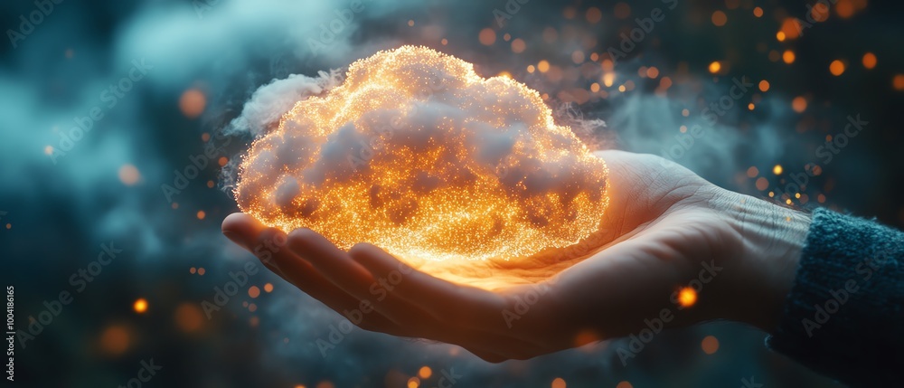 Poster Hand holding a glowing virtual cloud, illustrating how digital transformation is speeding up with businesses embracing cloudbased solutions for better agility