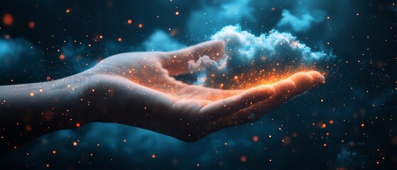 Hand holding a dynamic virtual cloud, illustrating the rapid adoption of cloudbased solutions for enhanced agility and digital transformation