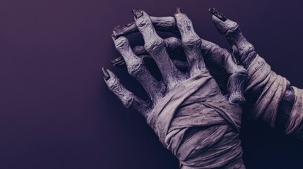 Spooky mummified hands wrapped in bandages, laid against a dark purple background with Halloween props.