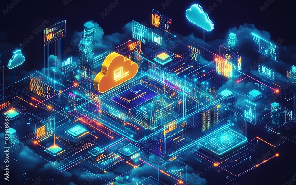 Poster Illustration of digital transformation with cloudbased solutions, demonstrating how businesses are evolving for greater agility and efficiency