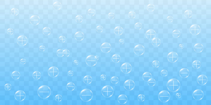 Aeroions. Particles of atmospheric air that carry a positive or negative charge. Realistic 3D vector