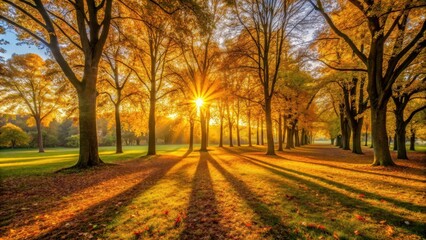 Fototapeta premium Golden sunset light shining through autumn trees casting long shadows
