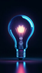 Cool tones holographic glowing lightbulb with copy space.