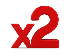 Red x2 symbol on white background. Isolated 3d illustration