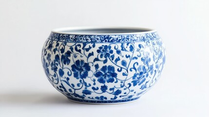 Traditional Chinese blue and white flowerpot, featuring intricate floral patterns and fine detailing against a clean backdrop.