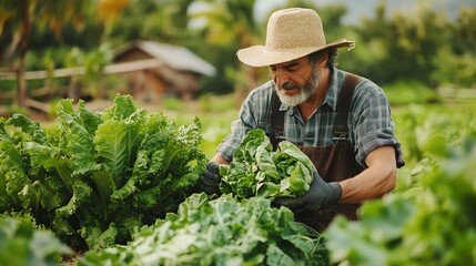 Farmer harvesting fresh lettuce in the field