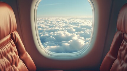 Fototapeta premium View from an airplane window template, capturing both the interior cabin and the scenic outside view of clouds.