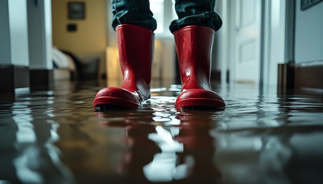 Person in red rubber boots dealing with a home affected by severe flooding and rising water levels