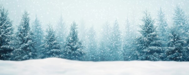 Serene snowy landscape with evergreen trees under a soft snowfall, creating a peaceful winter atmosphere.