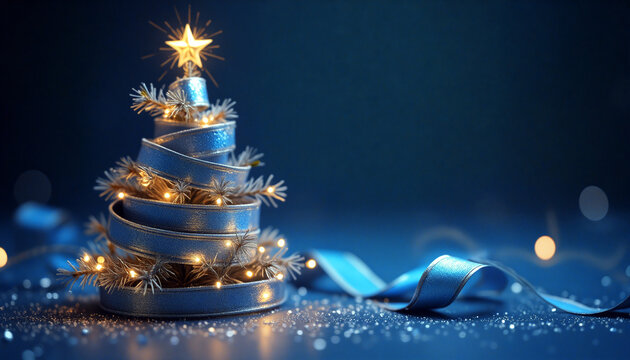 Blue ribbon forming a christmas tree with lights and sparkling snowflakes